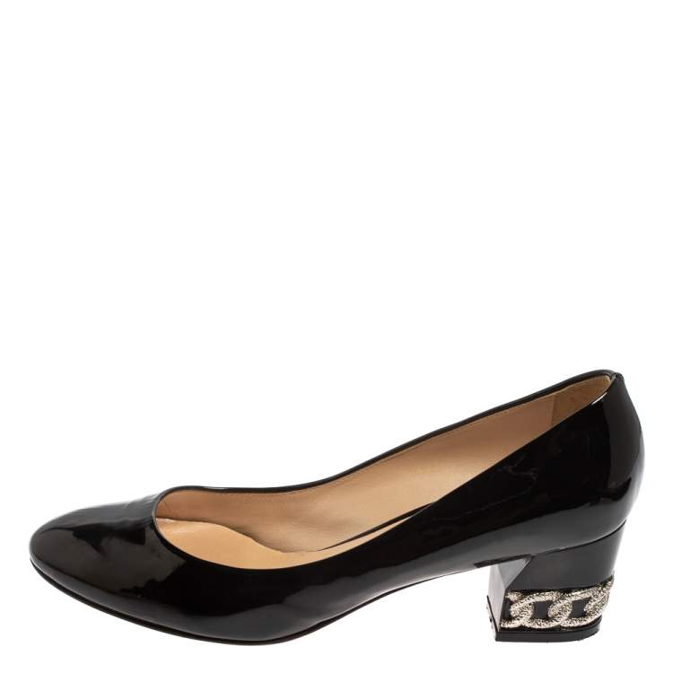 Pre Owned Casadei Black Patent Leather Block Heel  Pumps Size 39