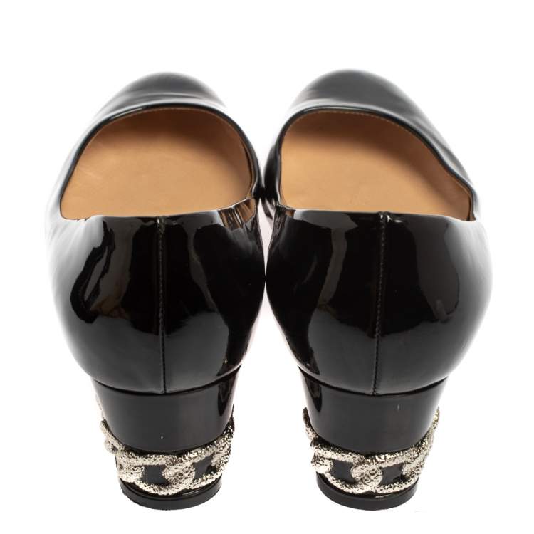 Pre Owned Casadei Black Patent Leather Block Heel  Pumps Size 39
