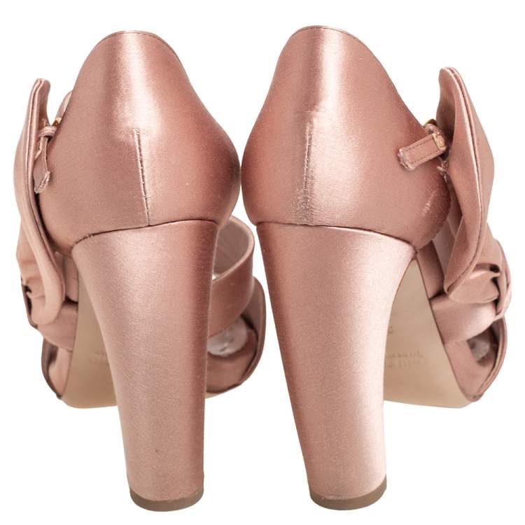 Pre Owned Miu Miu Beige Satin Bow Detail Ankle Strap Block Heel Pumps Size 36