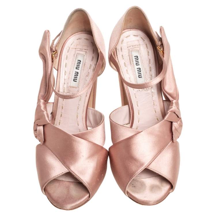 Pre Owned Miu Miu Beige Satin Bow Detail Ankle Strap Block Heel Pumps Size 36