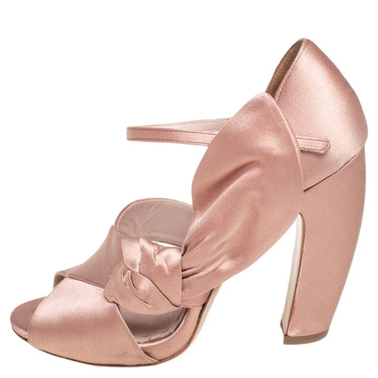 Pre Owned Miu Miu Beige Satin Bow Detail Ankle Strap Block Heel Pumps Size 36