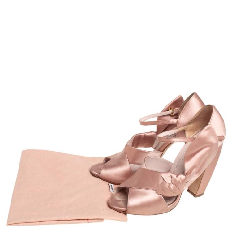 Pre Owned Miu Miu Beige Satin Bow Detail Ankle Strap Block Heel Pumps Size 36