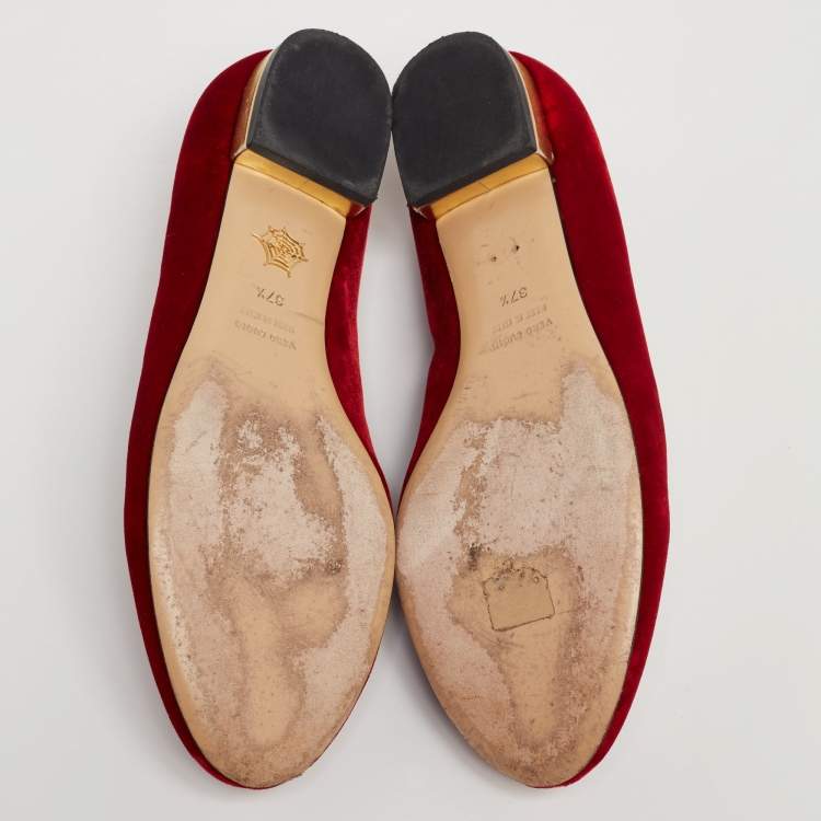 Pre Owned  Charlotte Olympia Red Velvet  Embroidered Accent Loafers Size 37.5