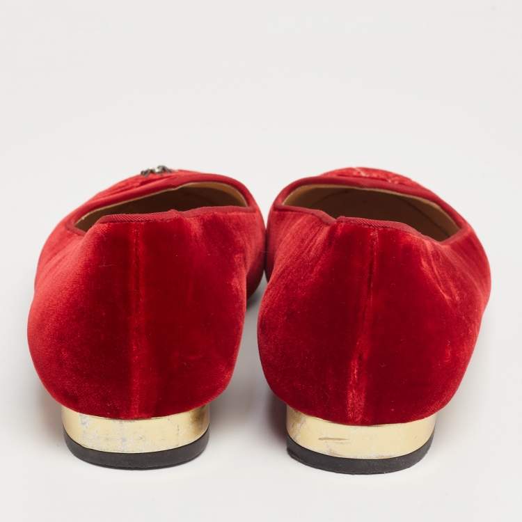 Pre Owned  Charlotte Olympia Red Velvet  Embroidered Accent Loafers Size 37.5