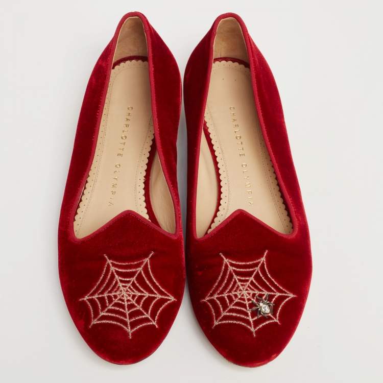 Pre Owned  Charlotte Olympia Red Velvet  Embroidered Accent Loafers Size 37.5