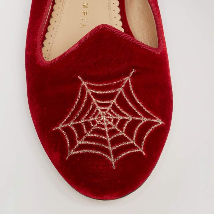 Pre Owned  Charlotte Olympia Red Velvet  Embroidered Accent Loafers Size 37.5