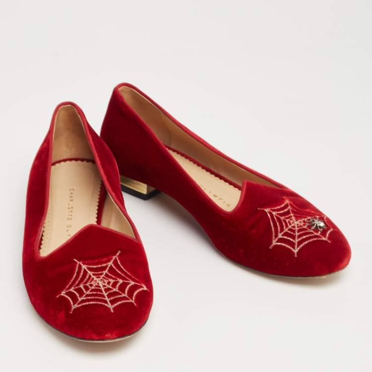 Pre Owned  Charlotte Olympia Red Velvet  Embroidered Accent Loafers Size 37.5