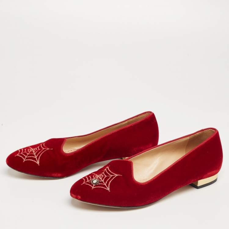 Pre Owned  Charlotte Olympia Red Velvet  Embroidered Accent Loafers Size 37.5