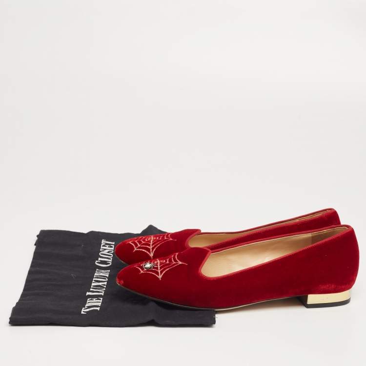 Pre Owned  Charlotte Olympia Red Velvet  Embroidered Accent Loafers Size 37.5