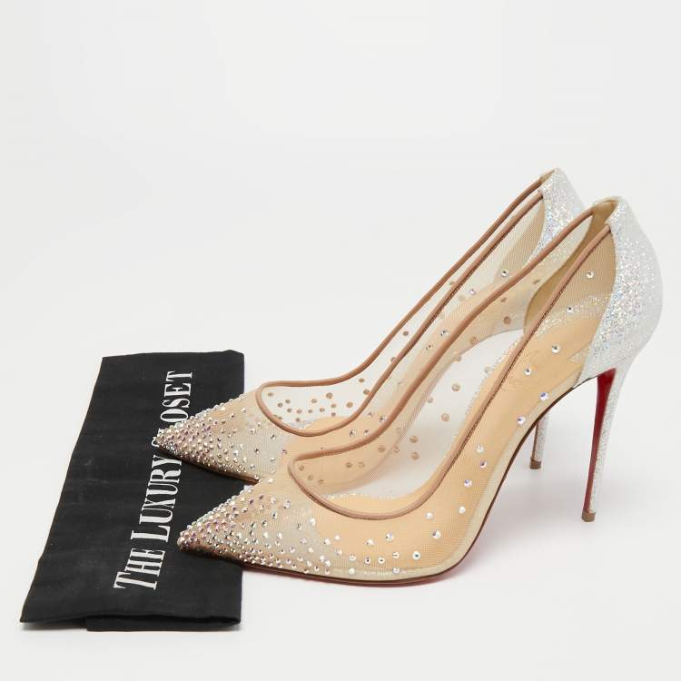 Pre Owned Christian Louboutin Beige Mesh and Leather Follies Strass Pumps Size 40.5