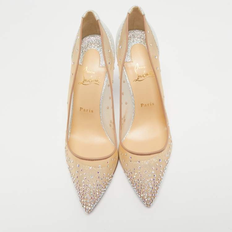 Pre Owned Christian Louboutin Beige Mesh and Leather Follies Strass Pumps Size 40.5