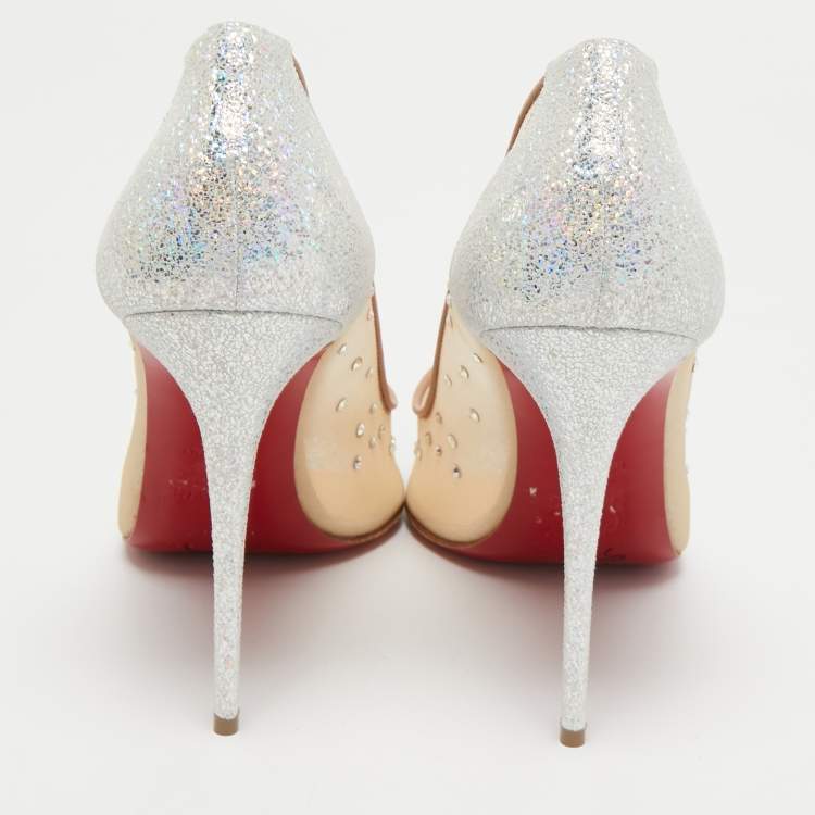 Pre Owned Christian Louboutin Beige Mesh and Leather Follies Strass Pumps Size 40.5