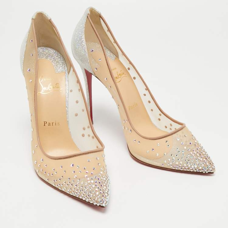 Pre Owned Christian Louboutin Beige Mesh and Leather Follies Strass Pumps Size 40.5