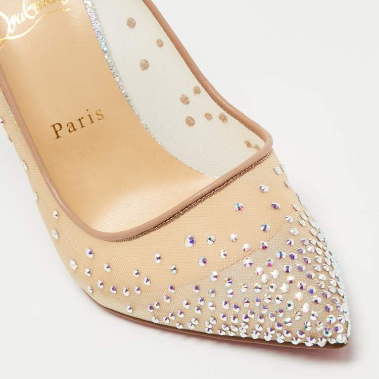 Pre Owned Christian Louboutin Beige Mesh and Leather Follies Strass Pumps Size 40.5