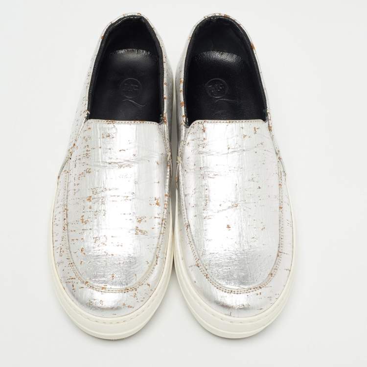 Pre Owned McQ by Alexander McQueen Silver Leather Low Top Sneakers Size 36