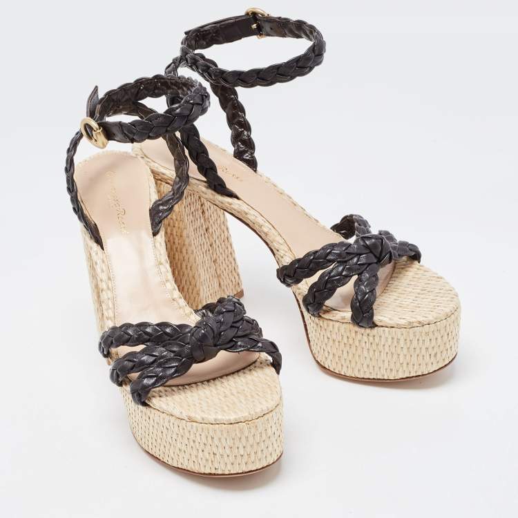 Pre Owned Gianvito Rossi Dark Brown Woven Leather and Raffia Ankle Strap Sandals Size 40