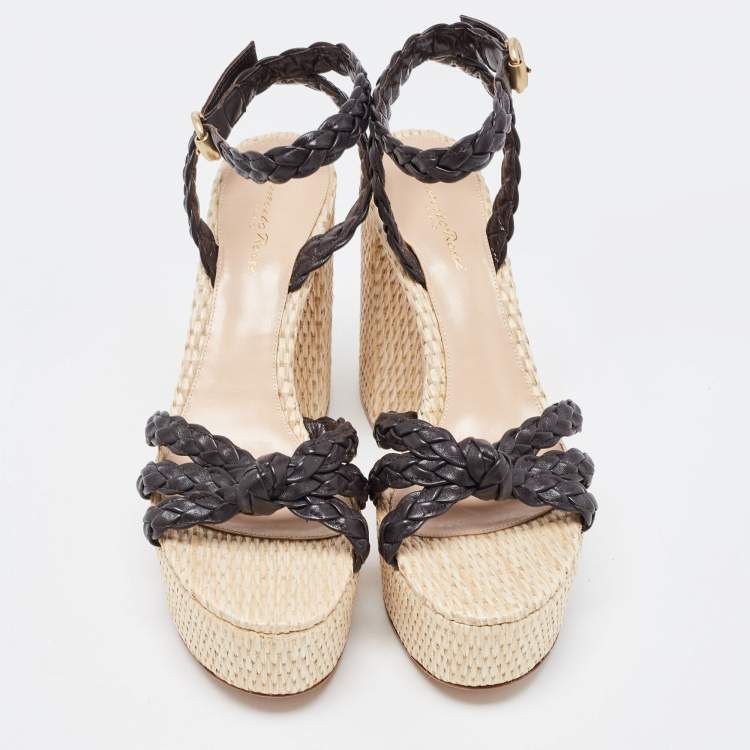 Pre Owned Gianvito Rossi Dark Brown Woven Leather and Raffia Ankle Strap Sandals Size 40