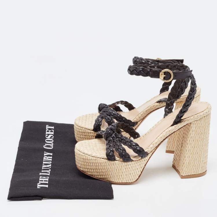 Pre Owned Gianvito Rossi Dark Brown Woven Leather and Raffia Ankle Strap Sandals Size 40