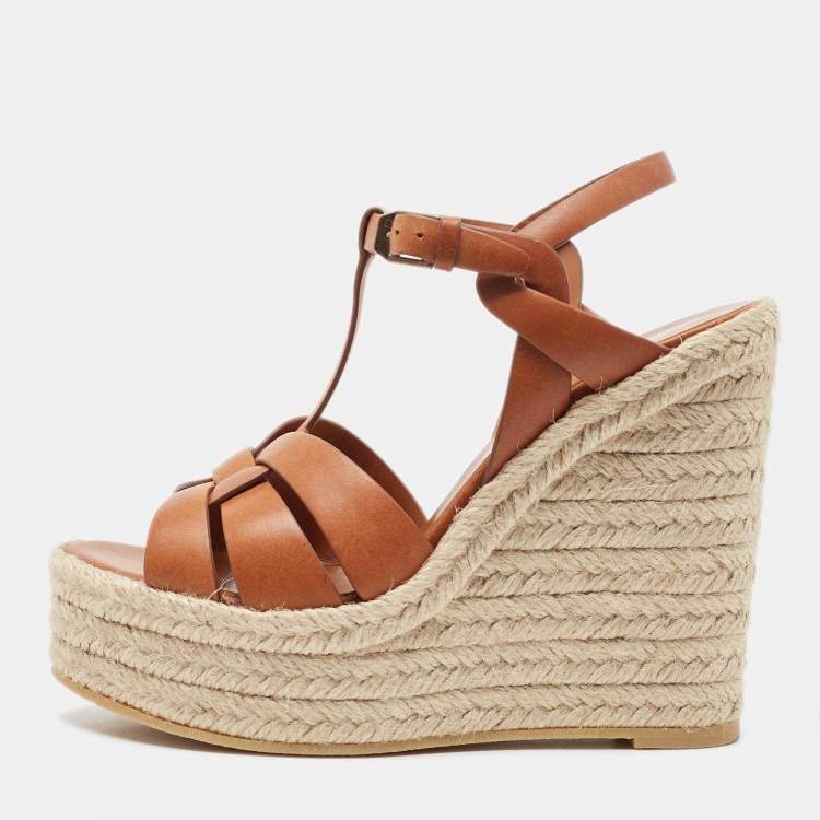 Saint Laurent Brown Leather Tribute Espadrille Wedge Sandals 37.5 TLC