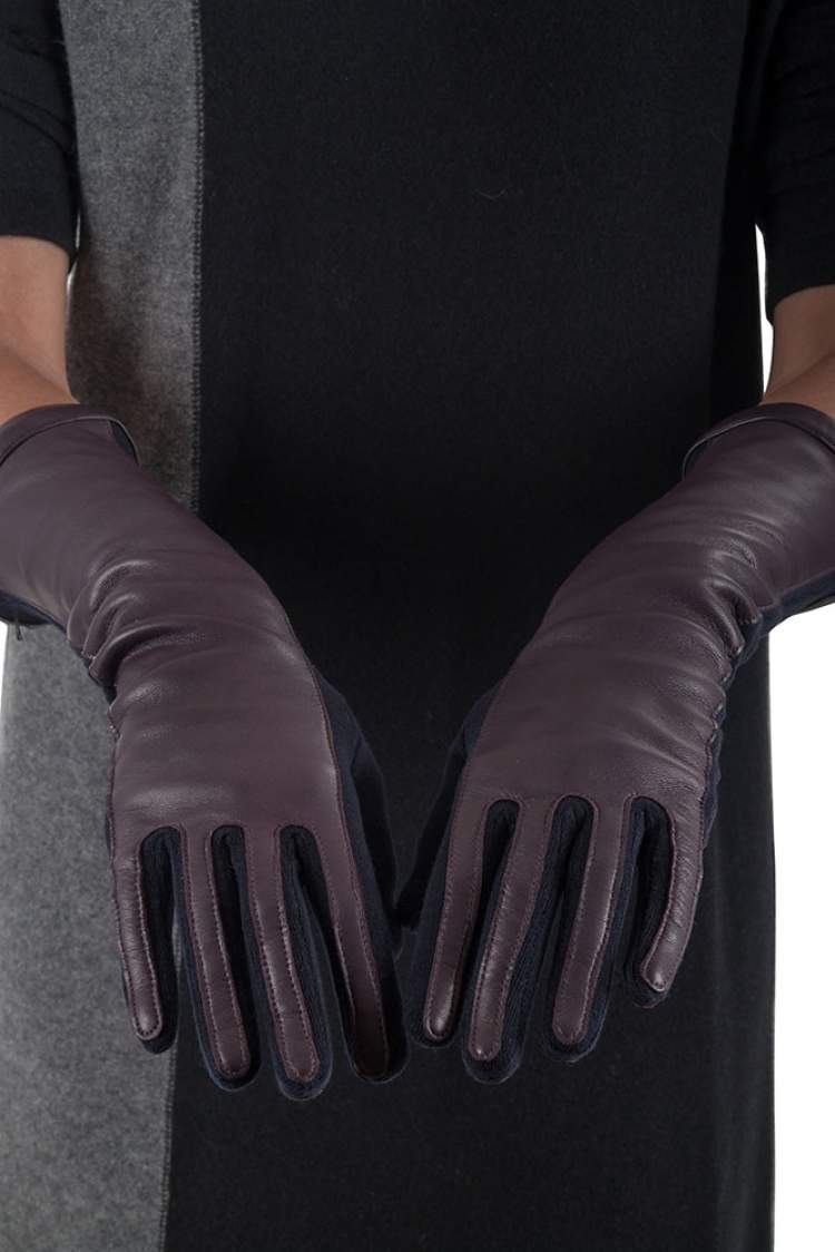 Pre Owned Lanvin Burgundy/Navy Leather Wool Long Gloves