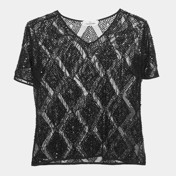 Pre Owned Valentino Miss V Black Sequin Embellished Jersey Top M