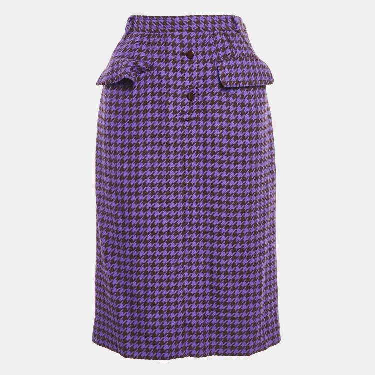 Pre Owned Valentino Miss V Purple/Black Houndstooth Wool Midi Skirt L