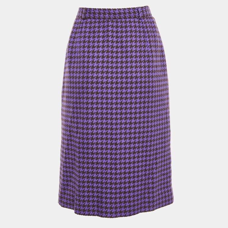 Pre Owned Valentino Miss V Purple/Black Houndstooth Wool Midi Skirt L