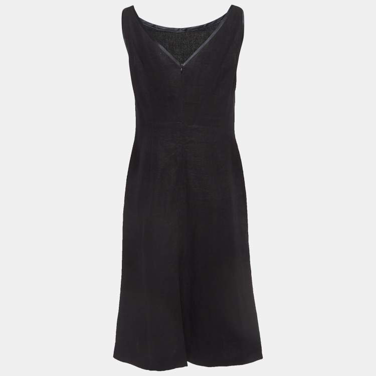 Pre Owned Valentino Miss V Black Linen V-Neck Sleeveless Sheath Dress M