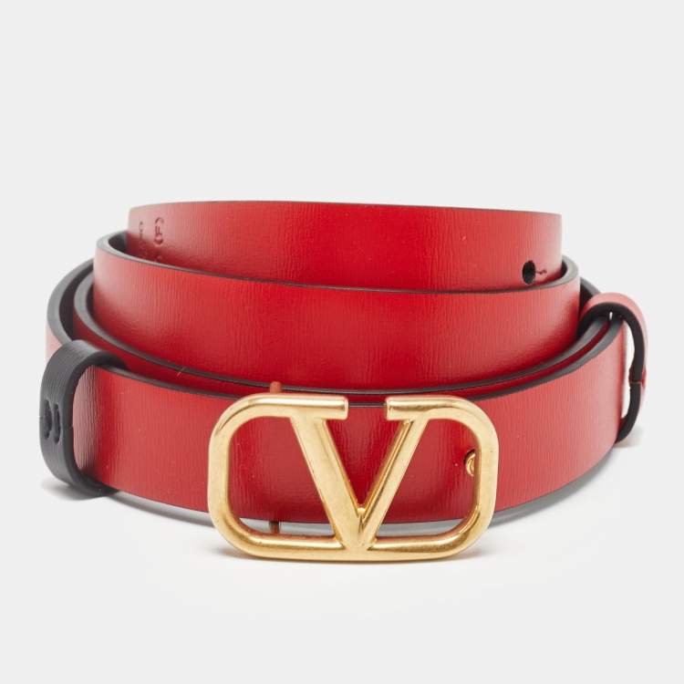 مملوكة مسبقًا Valentino Black/Red Leather Vlogo Slim Buckle Belt 75CM