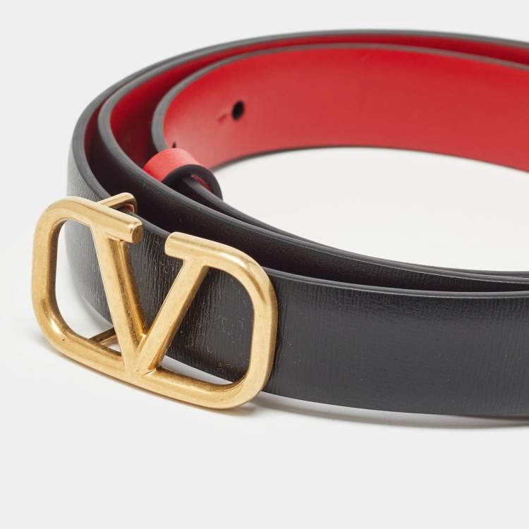 مملوكة مسبقًا Valentino Black/Red Leather Vlogo Slim Buckle Belt 75CM