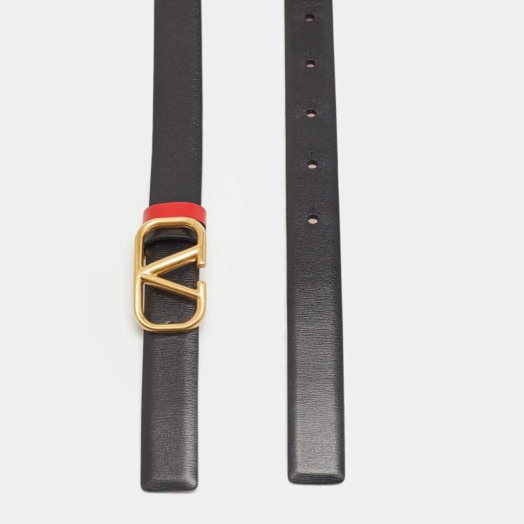 مملوكة مسبقًا Valentino Black/Red Leather Vlogo Slim Buckle Belt 75CM