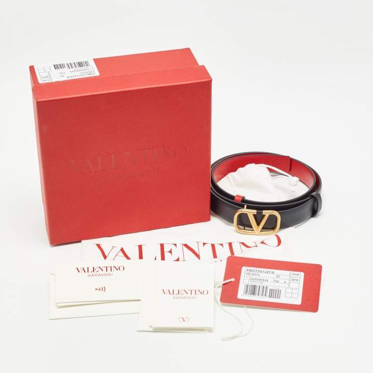 مملوكة مسبقًا Valentino Black/Red Leather Vlogo Slim Buckle Belt 75CM