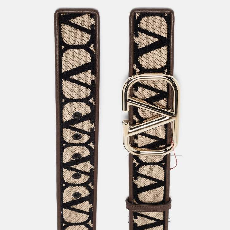 Pre Owned Valentino Brown/Beige Iconographe Canvas and Leather VLogo Reversible Belt 75CM