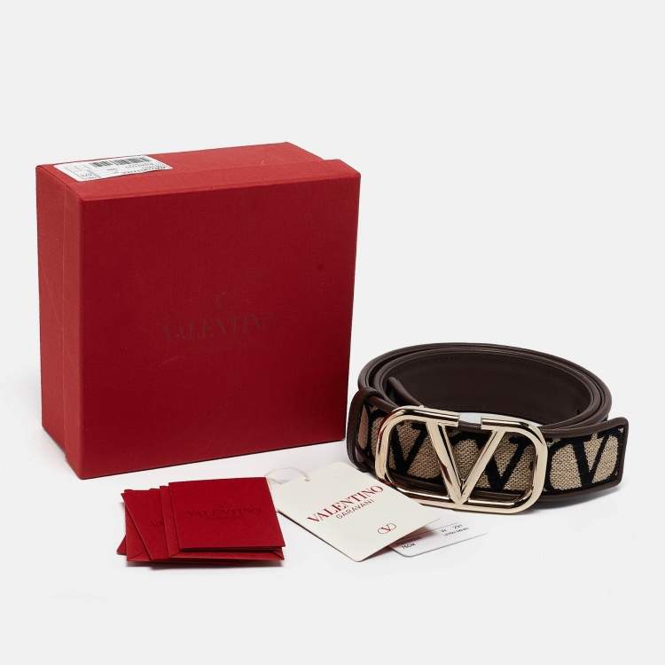 Pre Owned Valentino Brown/Beige Iconographe Canvas and Leather VLogo Reversible Belt 75CM