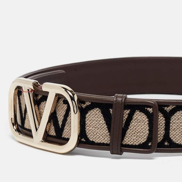 Pre Owned Valentino Brown/Beige Iconographe Canvas and Leather VLogo Reversible Belt 75CM