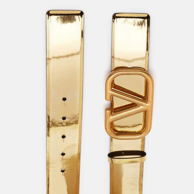 مملوكة مسبقًا Valentino Gold/Black Patent and Leather VLogo Reversible Belt 80CM