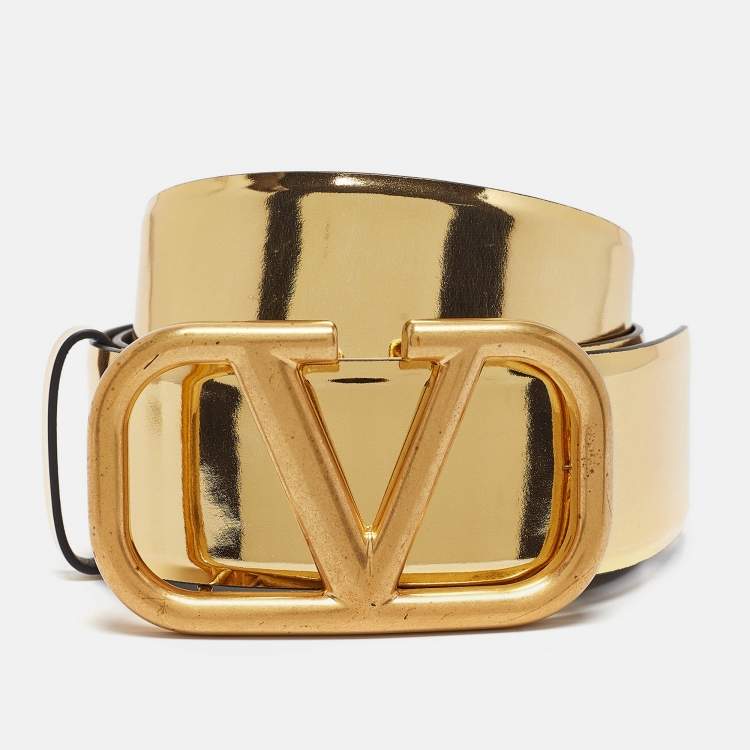 مملوكة مسبقًا Valentino Gold/Black Patent and Leather VLogo Reversible Belt 80CM