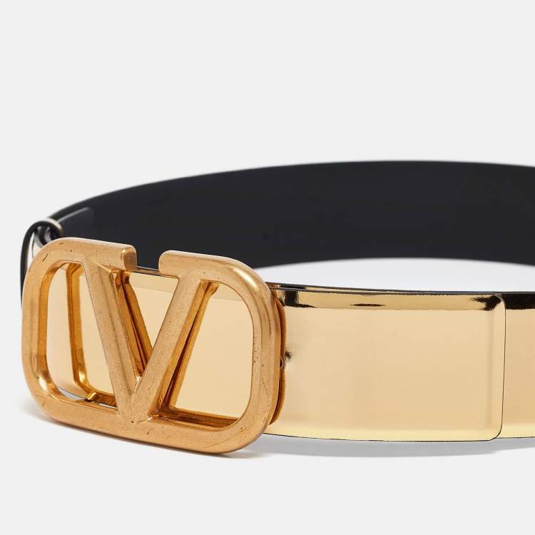 مملوكة مسبقًا Valentino Gold/Black Patent and Leather VLogo Reversible Belt 80CM