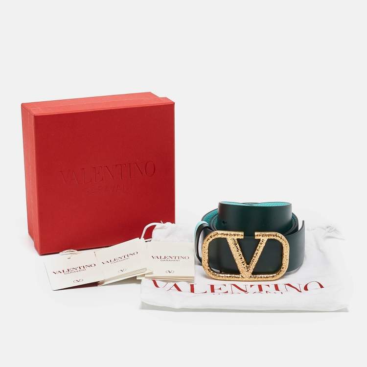 Pre Owned Valentino Green/Turquoise Leather VLogo Reversible Belt 100CM