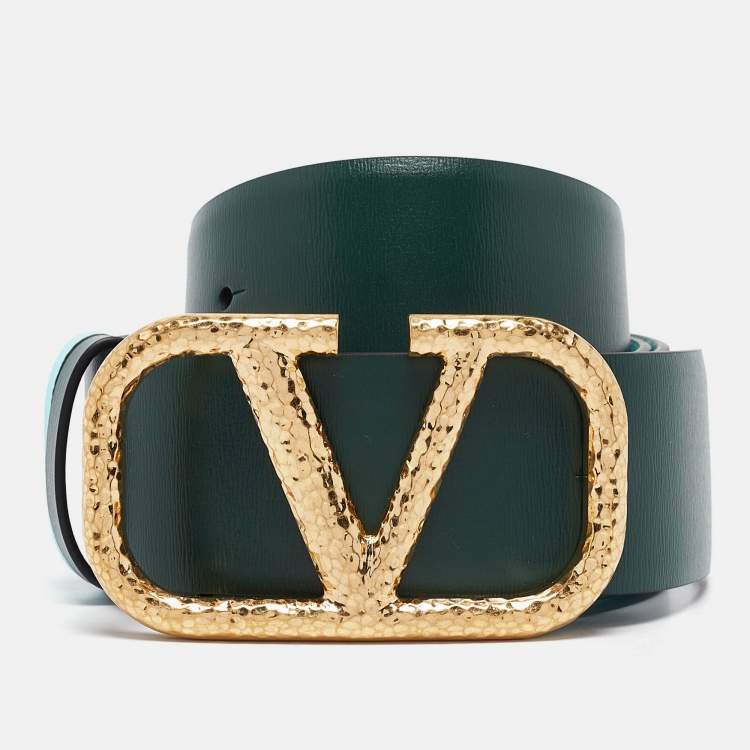 Pre Owned Valentino Green/Turquoise Leather VLogo Reversible Belt 100CM