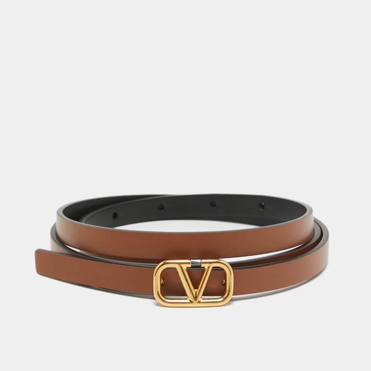 Pre Owned Valentino Black/Tan Leather VLogo Reversible Slim Belt 90CM