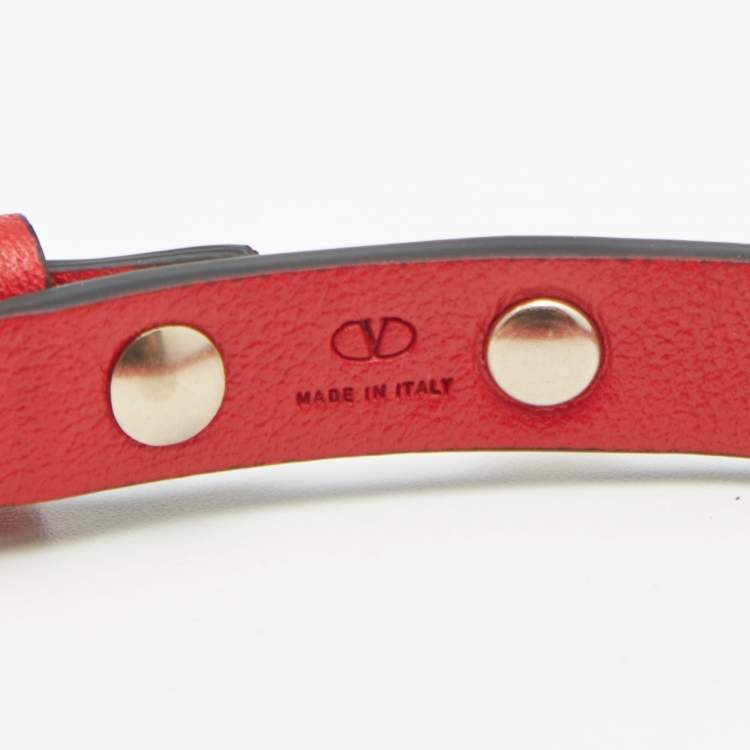 Pre Owned Valentino Rockstud Red Leather Gold Tone Bracelet