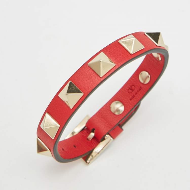 Pre Owned Valentino Rockstud Red Leather Gold Tone Bracelet