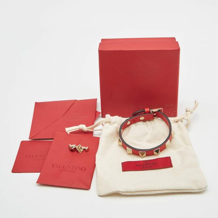 Pre Owned Valentino Rockstud Red Leather Gold Tone Bracelet