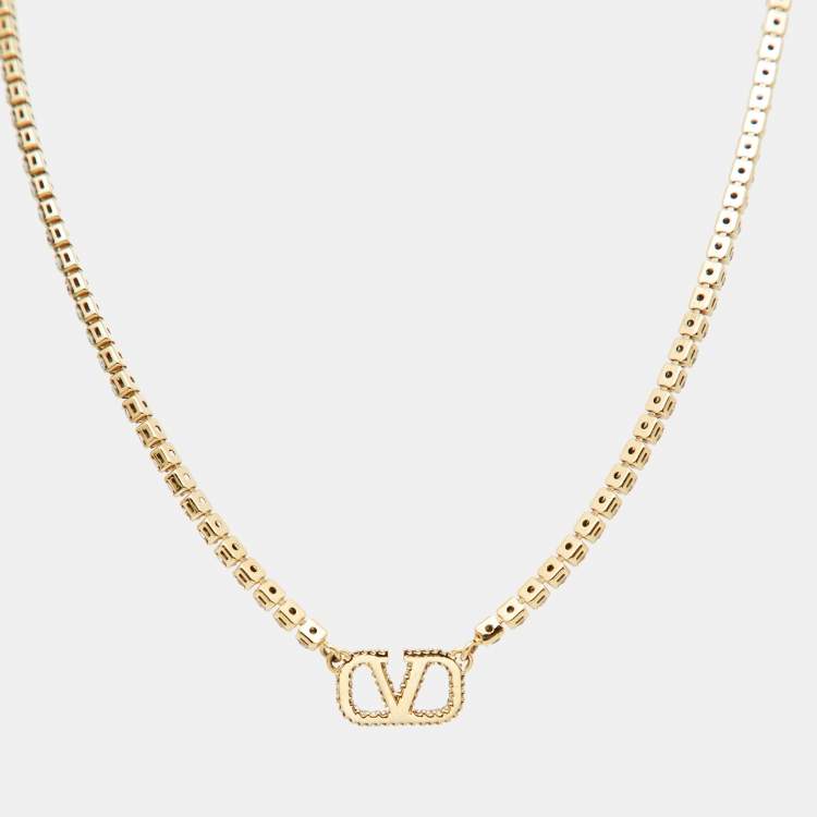 Pre Owned Valentino VLogo Signature Crystals Gold Tone Necklace