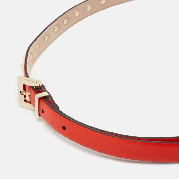 Pre Owned Valentino Red Leather Rockstud Slim Belt 75 CM