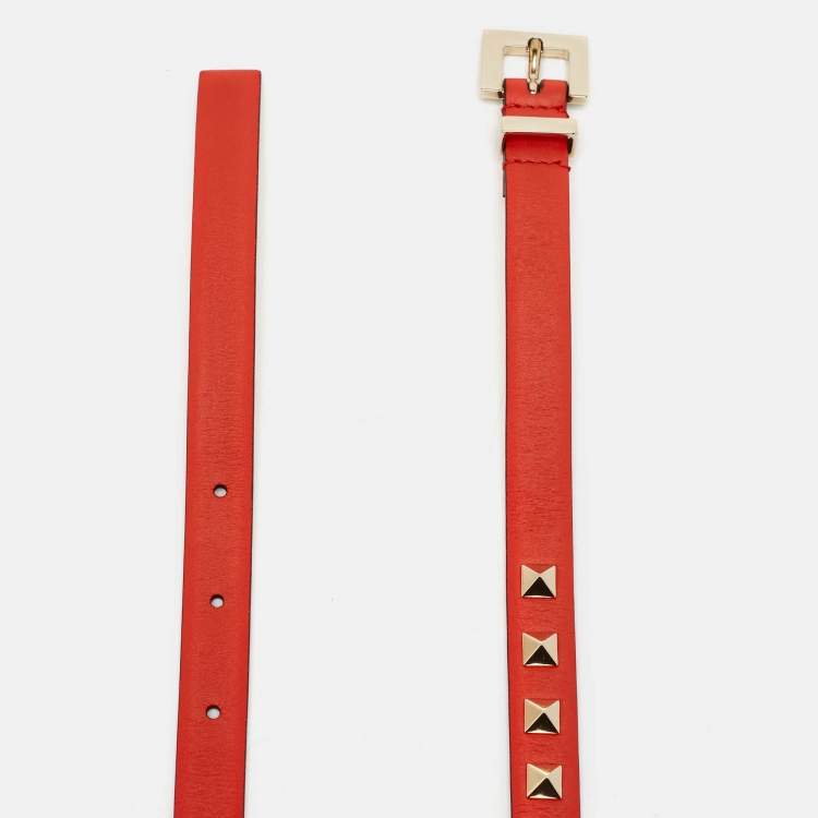 Pre Owned Valentino Red Leather Rockstud Slim Belt 75 CM