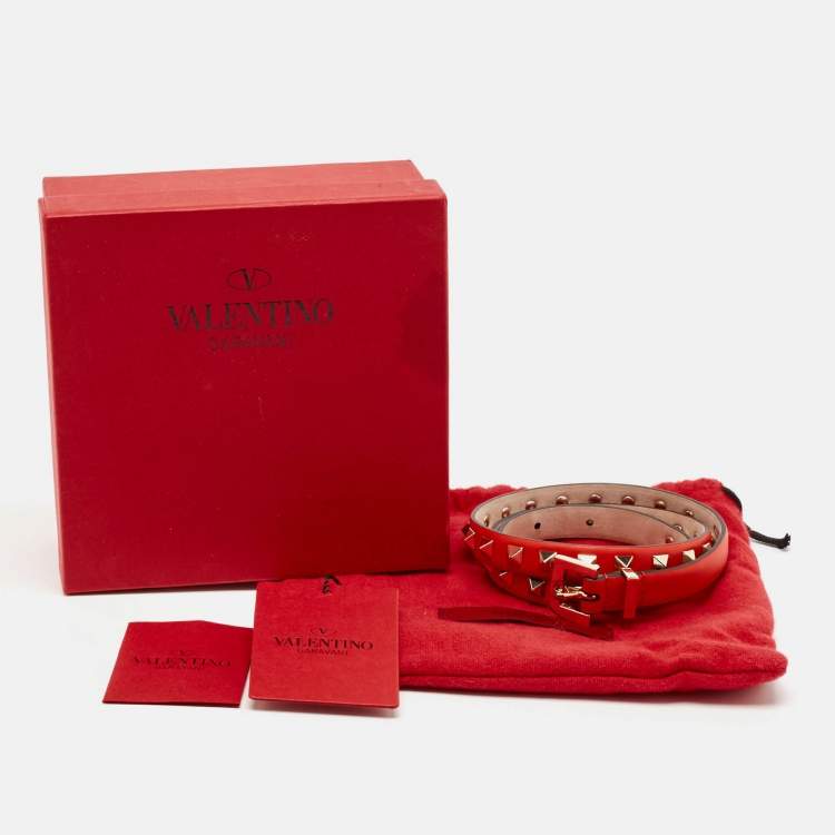 Pre Owned Valentino Red Leather Rockstud Slim Belt 75 CM