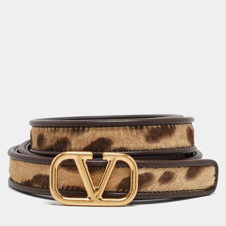 Pre Owned Valentino Brown/Beige Leopard Print Calfhair and Leather VLogo Slim Reversible Belt 90CM