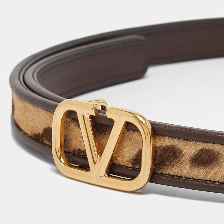 Pre Owned Valentino Brown/Beige Leopard Print Calfhair and Leather VLogo Slim Reversible Belt 90CM